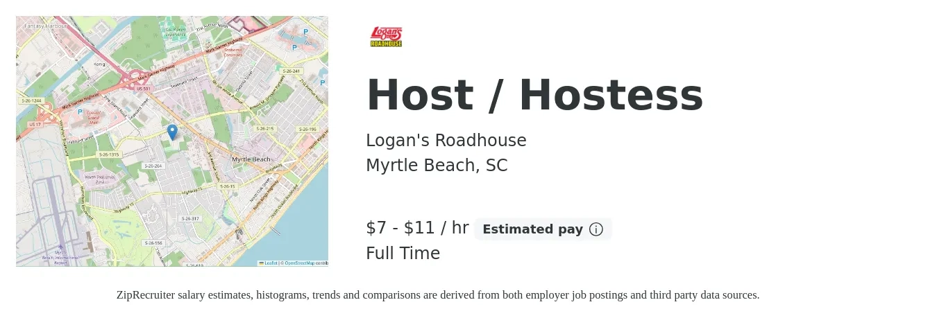 Logan's Roadhouse job posting for a Host / Hostess in Myrtle Beach, SC with a salary of $8 to $12 Hourly with a map of Myrtle Beach location.