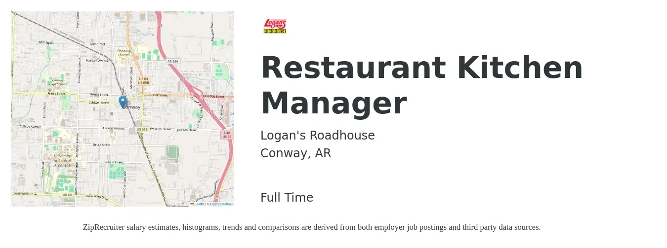 Logan's Roadhouse job posting for a Restaurant Kitchen Manager in Conway, AR with a salary of $44,700 to $57,000 Yearly with a map of Conway location.