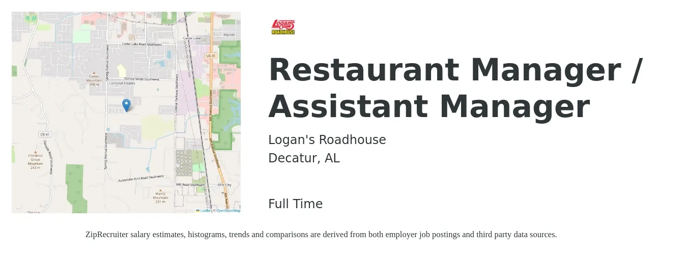 Logan's Roadhouse job posting for a Restaurant Manager / Assistant Manager in Decatur, AL with a salary of $14 to $20 Hourly with a map of Decatur location.