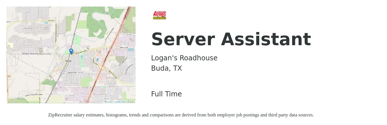 Logan's Roadhouse job posting for a Server Assistant in Buda, TX with a salary of $10 to $15 Hourly with a map of Buda location.
