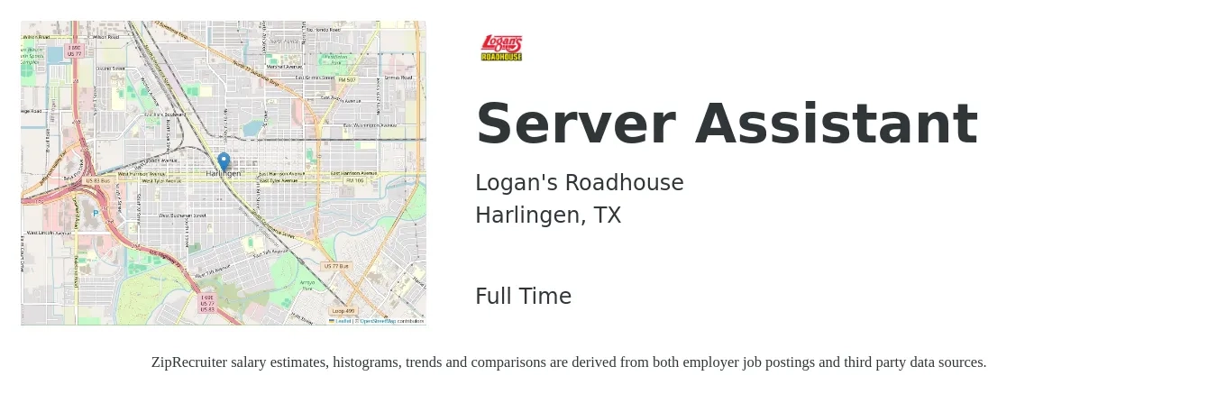Logan's Roadhouse job posting for a Server Assistant in Harlingen, TX with a salary of $10 to $15 Hourly with a map of Harlingen location.