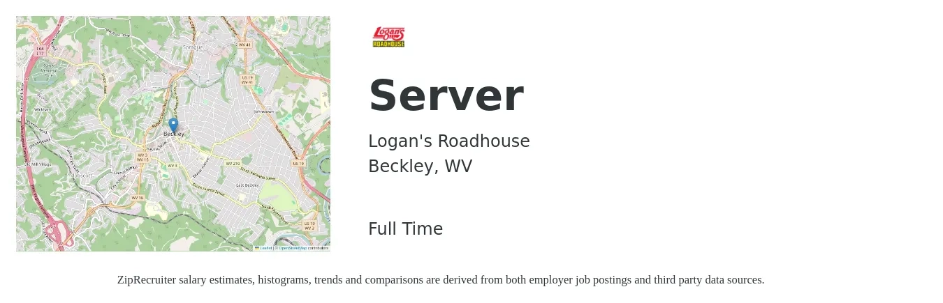 Logan's Roadhouse job posting for a Server in Beckley, WV with a salary of $11 to $18 Hourly with a map of Beckley location.