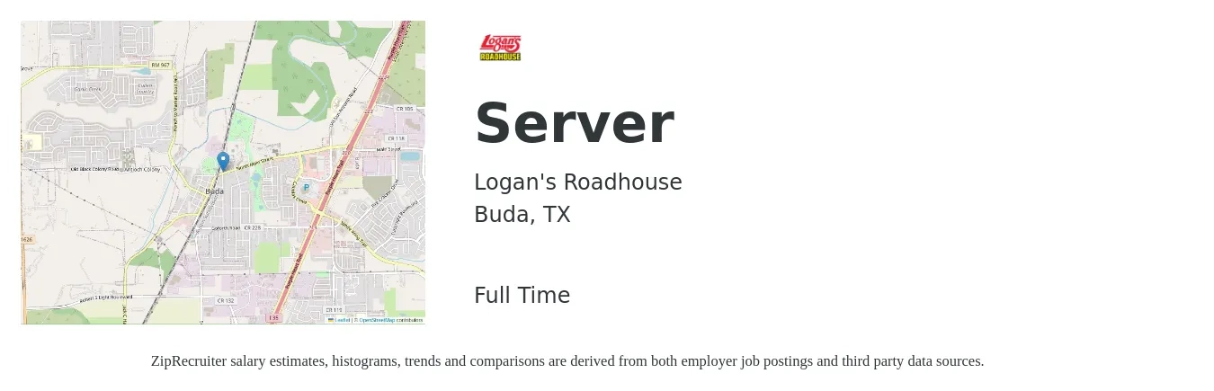 Logan's Roadhouse job posting for a Server in Buda, TX with a salary of $10 to $17 Hourly with a map of Buda location.
