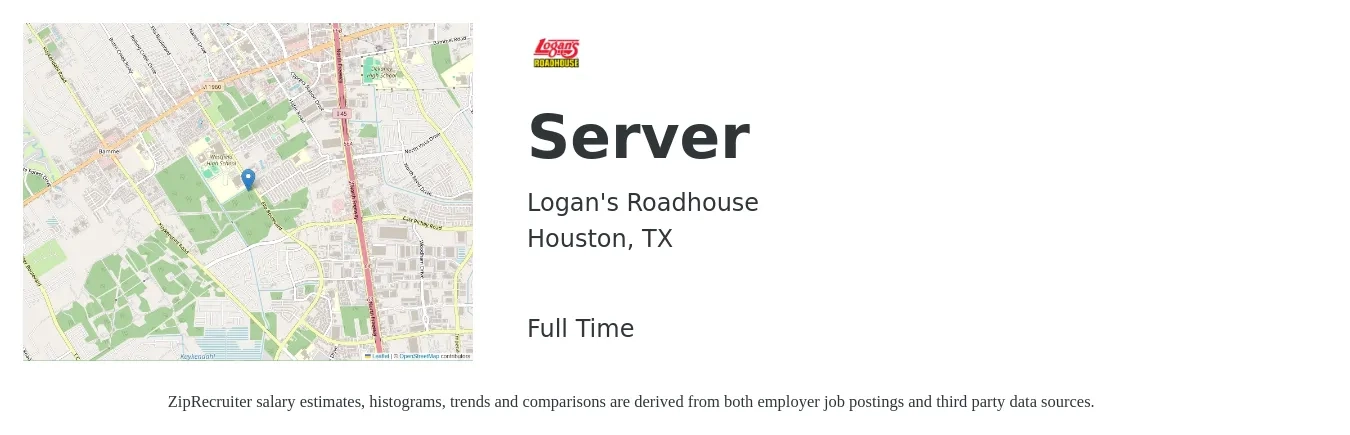 Logan's Roadhouse job posting for a Server in Houston, TX with a salary of $10 to $17 Hourly with a map of Houston location.