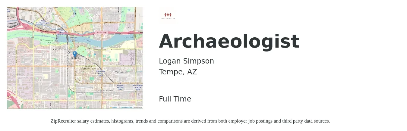 Logan Simpson job posting for a Archaeologist in Tempe, AZ with a salary of $43,680 to $47,840 Yearly with a map of Tempe location.