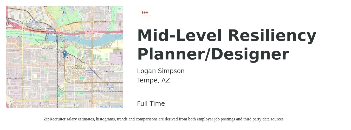 Logan Simpson job posting for a Mid-Level Resiliency Planner/Designer in Tempe, AZ with a salary of $70,000 to $100,000 Yearly with a map of Tempe location.