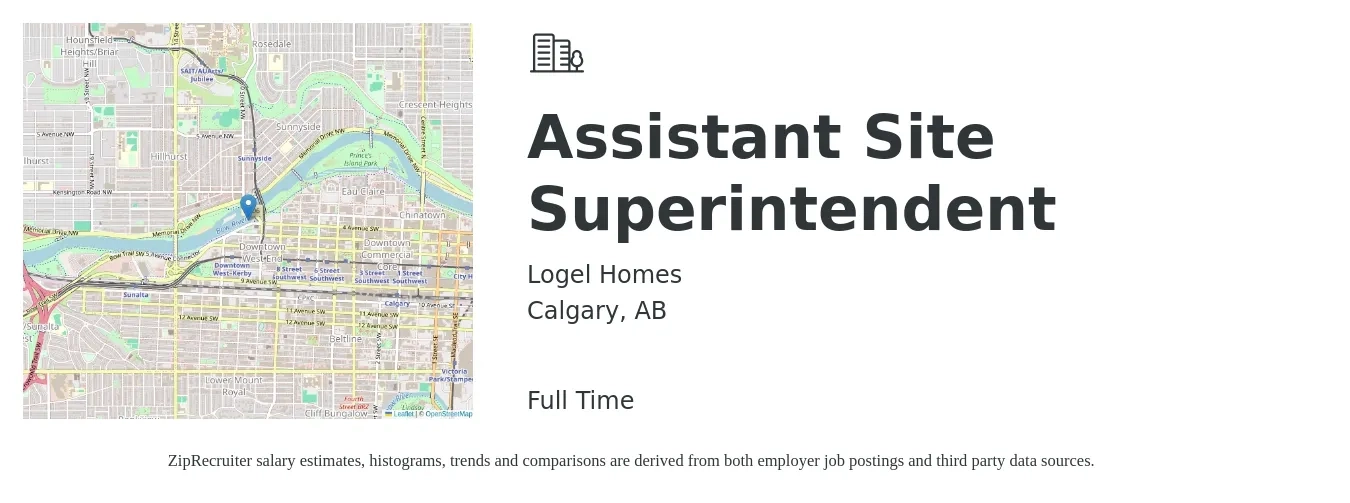 Logel Homes job posting for a Assistant Site Superintendent in Calgary, AB with a map of Calgary location.
