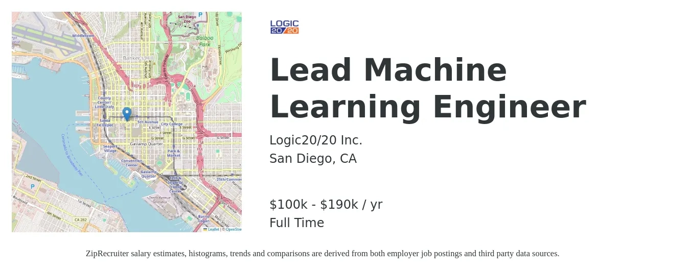 Logic20/20 Inc. job posting for a Lead Machine Learning Engineer in San Diego, CA with a salary of $100,000 to $190,000 Yearly with a map of San Diego location.