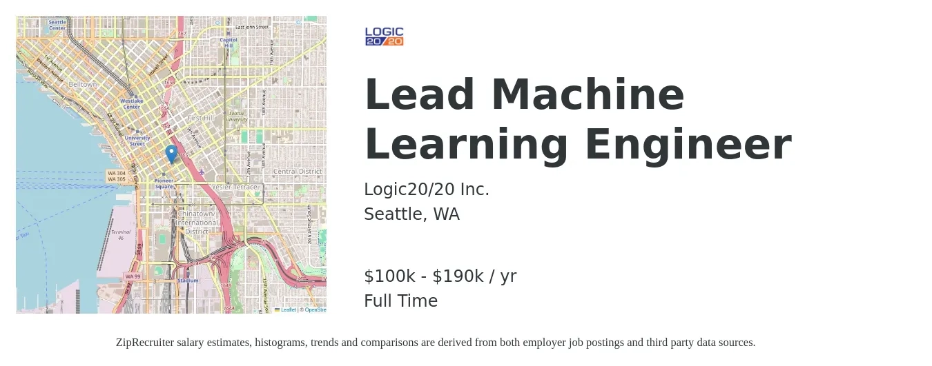 Logic20/20 Inc. job posting for a Lead Machine Learning Engineer in Seattle, WA with a salary of $100,000 to $190,000 Yearly with a map of Seattle location.