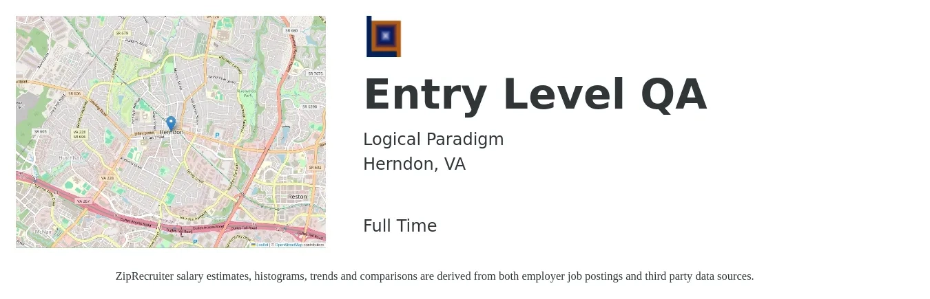 Logical Paradigm job posting for a Entry Level QA in Herndon, VA with a salary of $39 to $58 Hourly with a map of Herndon location.