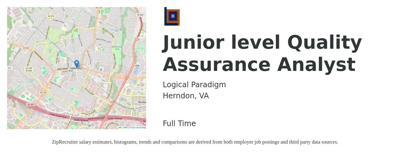 Logical Paradigm job posting for a Junior level Quality Assurance Analyst in Herndon, VA with a salary of $21 to $31 Hourly with a map of Herndon location.