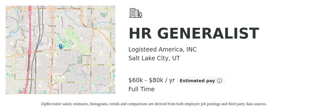 Logisteed America, INC job posting for a HR GENERALIST in Salt Lake City, UT with a salary of $60,000 to $80,000 Yearly with a map of Salt Lake City location.