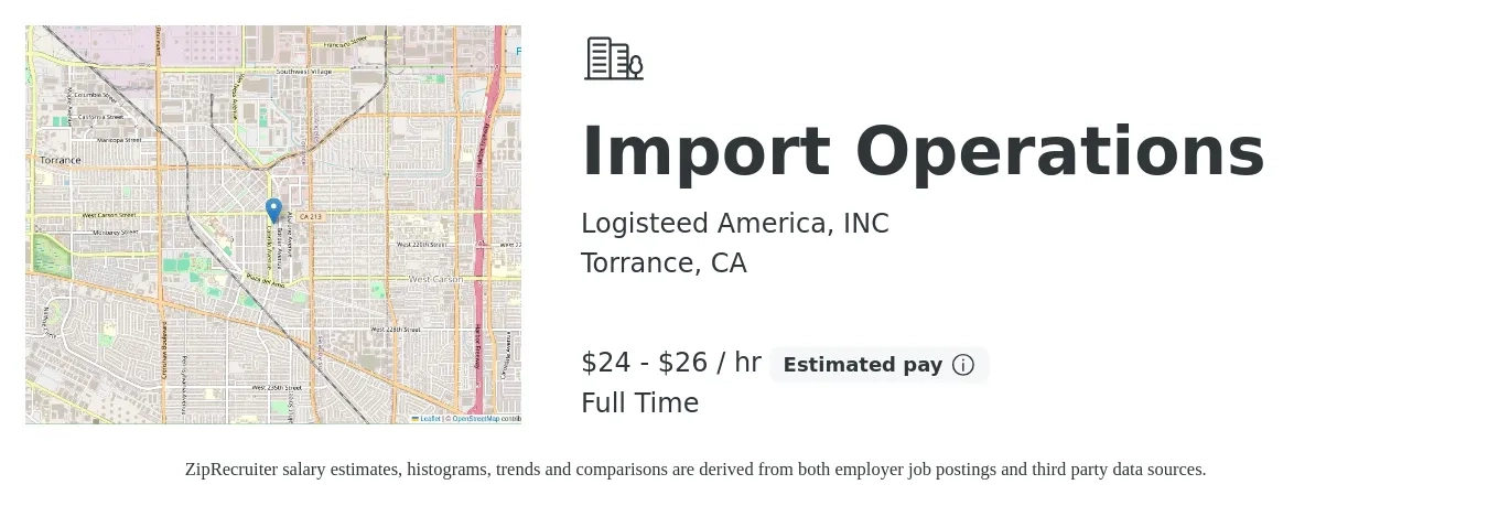 Logisteed America, INC job posting for a Import Operations in Torrance, CA with a salary of $25 to $28 Hourly with a map of Torrance location.