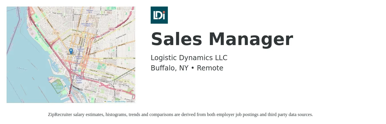 Logistic Dynamics job posting for a Sales Manager in Buffalo, NY with a salary of $43,600 to $93,500 Yearly with a map of Buffalo location.
