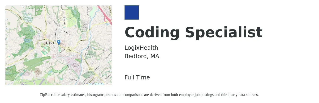 LogixHealth job posting for a Coding Specialist in Bedford, MA with a salary of $24 to $36 Hourly with a map of Bedford location.