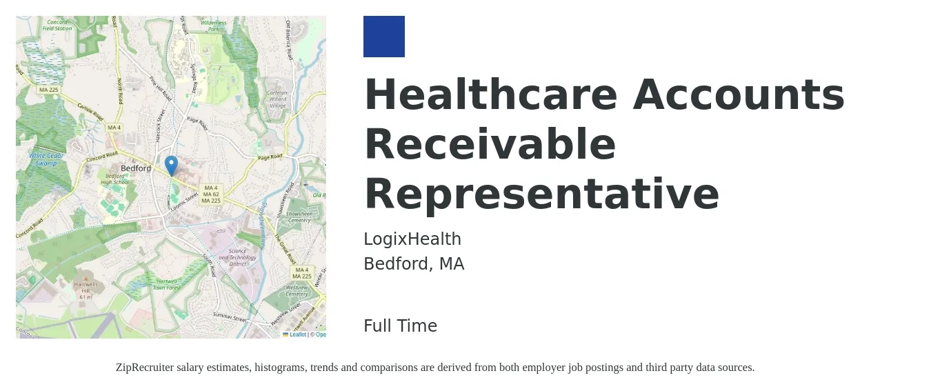 LogixHealth job posting for a Healthcare Accounts Receivable Representative in Bedford, MA with a salary of $20 to $25 Hourly with a map of Bedford location.