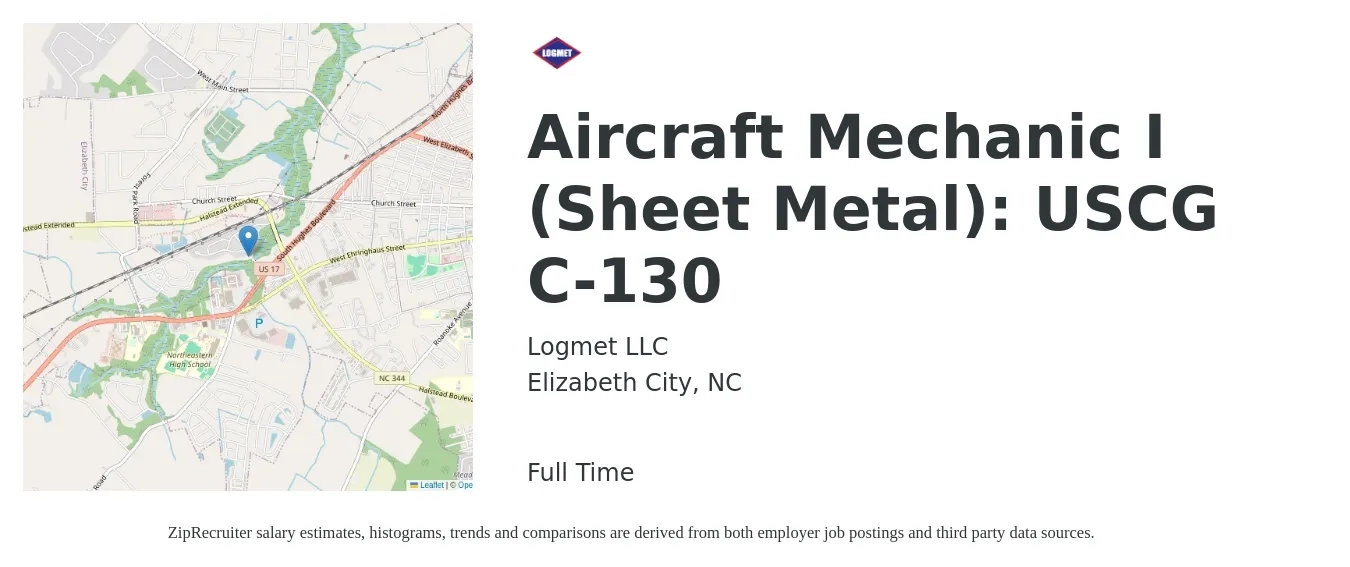 Logmet LLC job posting for a Aircraft Mechanic I (Sheet Metal): USCG C-130 in Elizabeth City, NC with a salary of $38 Hourly with a map of Elizabeth City location.