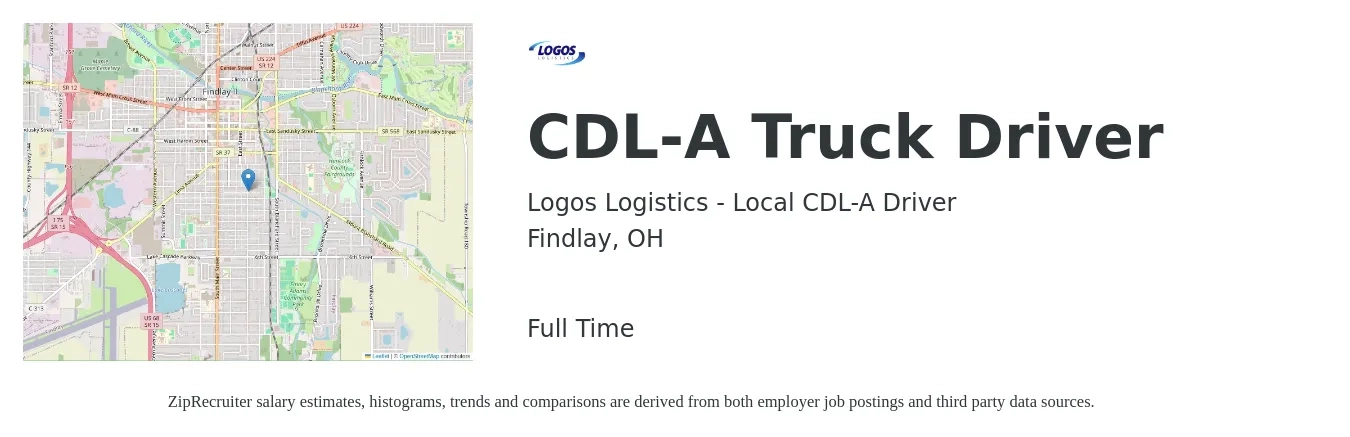Logos Logistics - Local CDL-A Driver job posting for a CDL-A Truck Driver in Findlay, OH with a salary of $85,000 Yearly with a map of Findlay location.