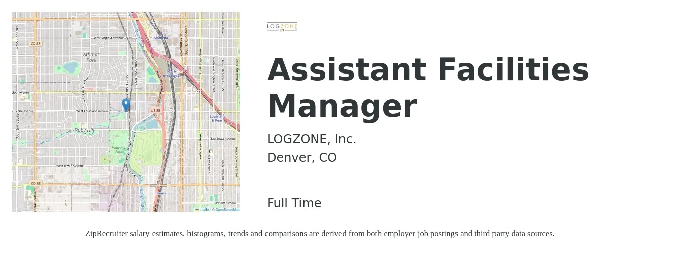LOGZONE, Inc. job posting for a Assistant Facilities Manager in Denver, CO with a salary of $48,443 Yearly with a map of Denver location.