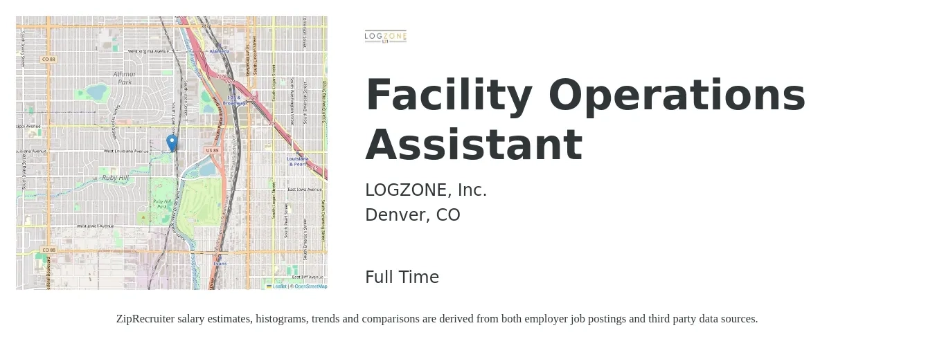 LOGZONE, Inc. job posting for a Facility Operations Assistant in Denver, CO with a salary of $48,443 Yearly with a map of Denver location.