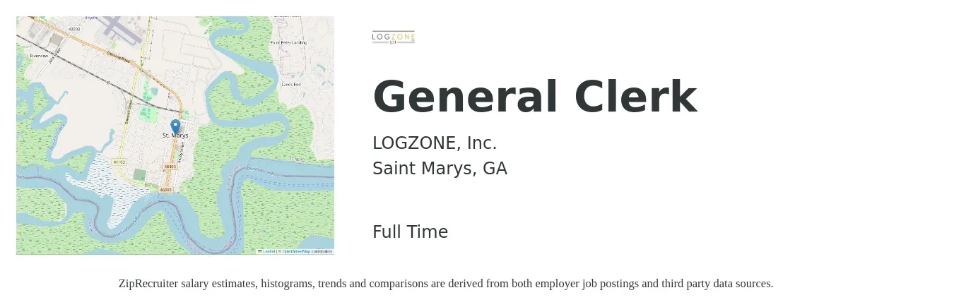 LOGZONE, Inc. job posting for a General Clerk in Saint Marys, GA with a salary of $14 to $18 Hourly with a map of Saint Marys location.