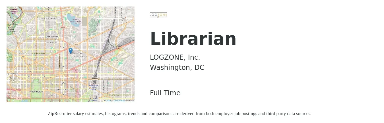 LOGZONE, Inc. job posting for a Librarian in Washington, DC with a salary of $58,300 to $84,900 Yearly with a map of Washington location.
