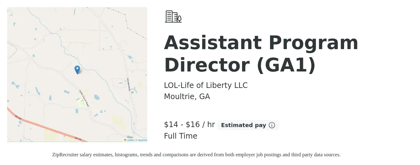 LOL-Life of Liberty LLC job posting for a Assistant Program Director (GA1) in Moultrie, GA with a salary of $15 to $17 Hourly with a map of Moultrie location.