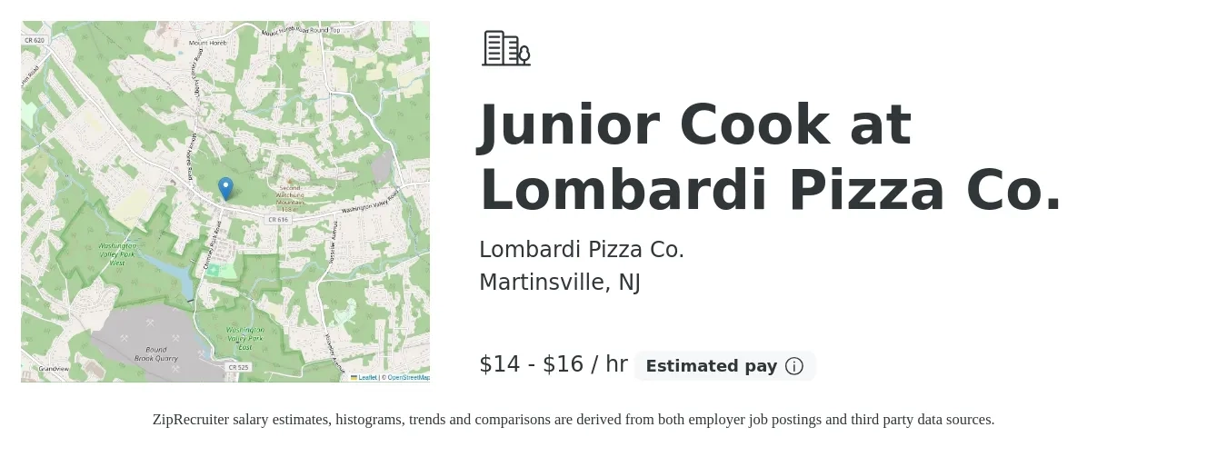 Lombardi Pizza Co. job posting for a Junior Cook at Lombardi Pizza Co. in Martinsville, NJ with a salary of $15 to $17 Hourly with a map of Martinsville location.