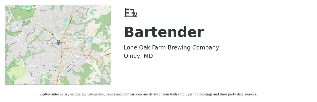 Lone Oak Farm Brewing Company job posting for a Bartender in Olney, MD with a salary of $10 to $19 Hourly with a map of Olney location.