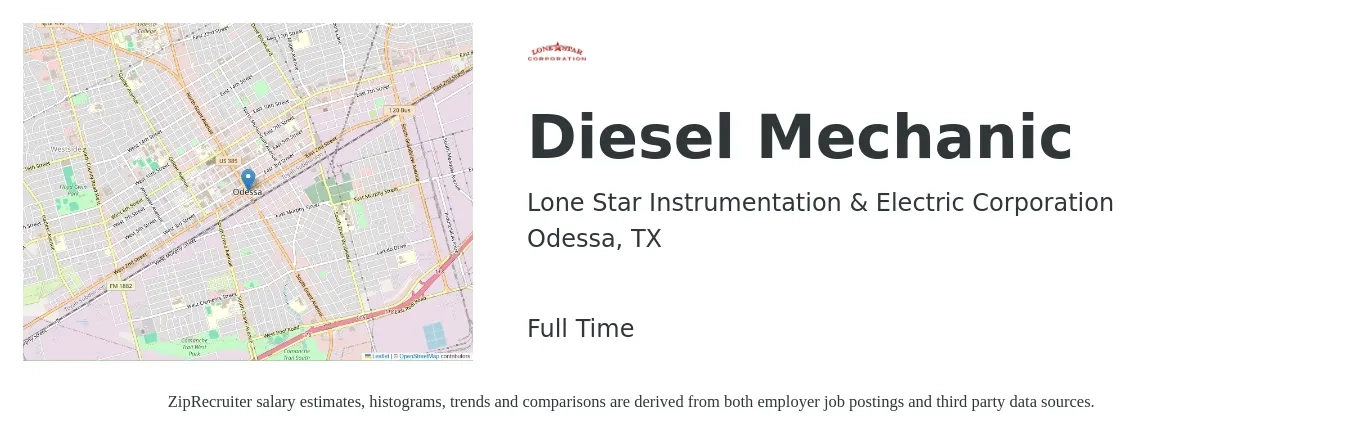 Lone Star Instrumentation & Electric Corporation job posting for a Diesel Mechanic in Odessa, TX with a salary of $25 to $33 Hourly with a map of Odessa location.
