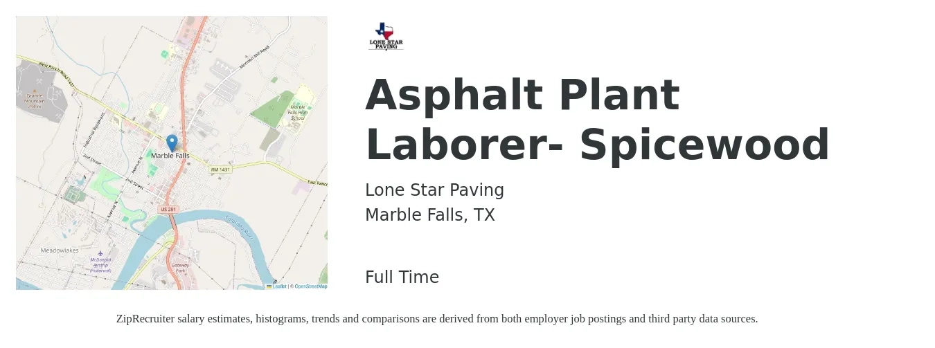 Lone Star Paving job posting for a Asphalt Plant Laborer- Spicewood in Marble Falls, TX with a salary of $16 to $19 Hourly with a map of Marble Falls location.