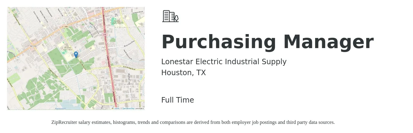Lonestar Electric Industrial Supply job posting for a Purchasing Manager in Houston, TX with a salary of $62,000 to $95,500 Yearly with a map of Houston location.