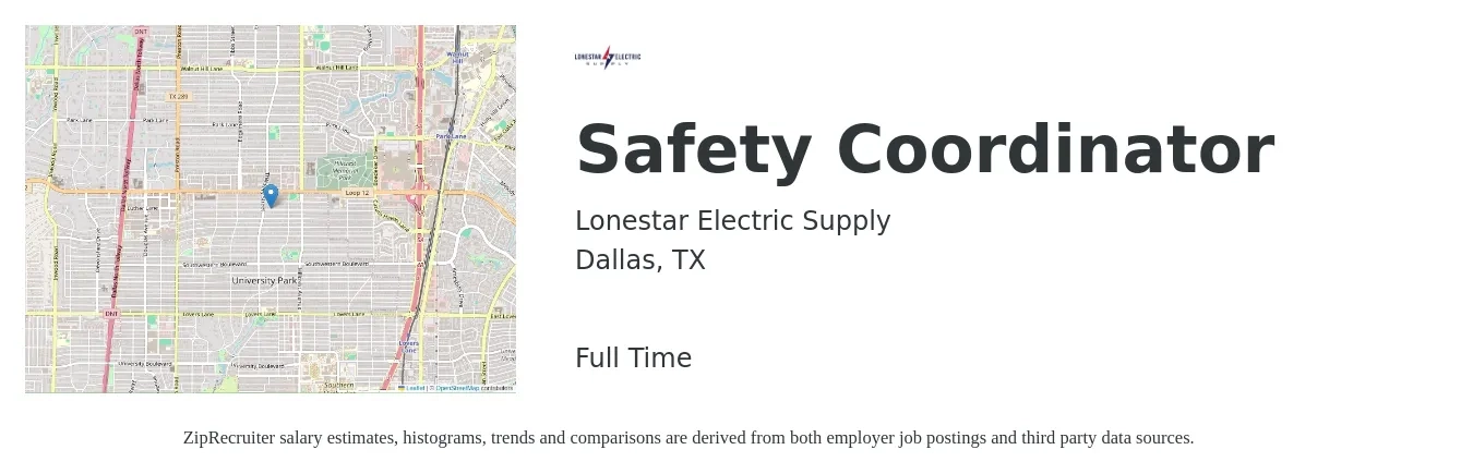 Lonestar Electric Supply job posting for a Safety Coordinator in Dallas, TX with a salary of $22 to $34 Hourly with a map of Dallas location.