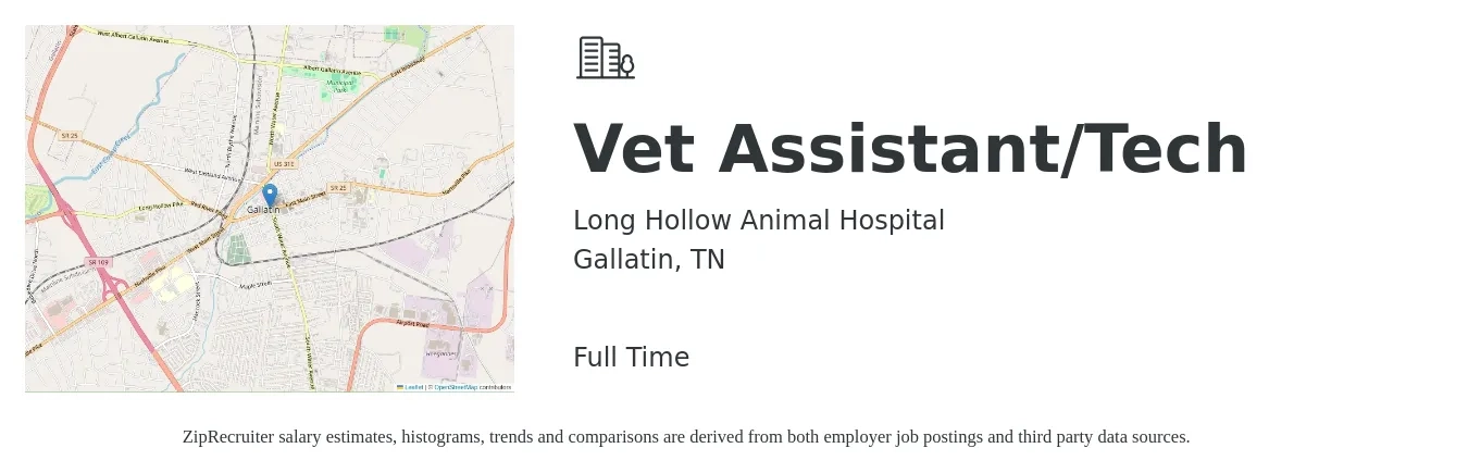 Long Hollow Animal Hospital job posting for a Vet Assistant/Tech in Gallatin, TN with a salary of $15 to $19 Hourly with a map of Gallatin location.