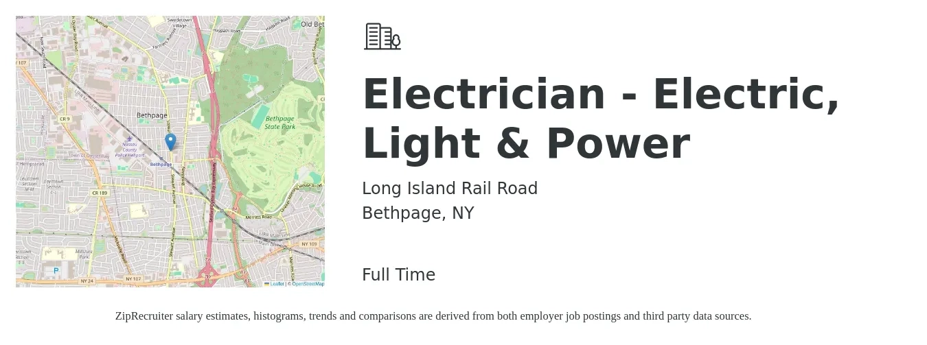 Long Island Rail Road job posting for a Electrician - Electric, Light & Power in Bethpage, NY with a salary of $43 Hourly with a map of Bethpage location.