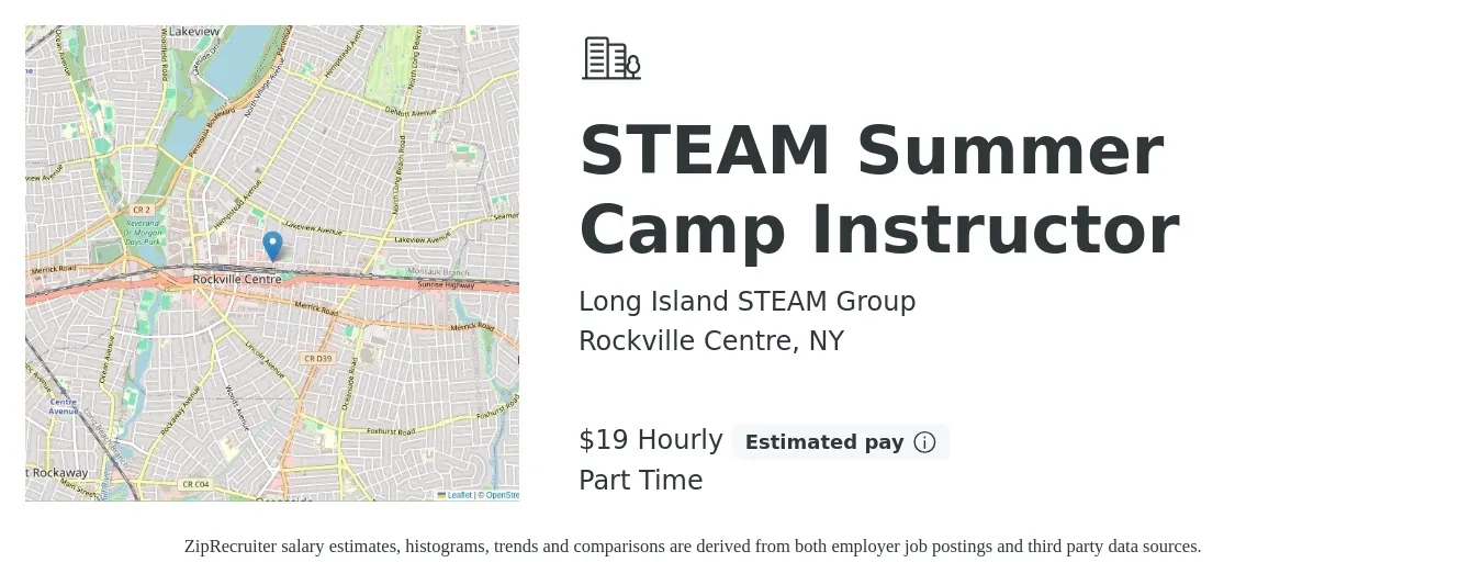 Long Island STEAM Group job posting for a STEAM Summer Camp Instructor in Rockville Centre, NY with a salary of $20 Hourly with a map of Rockville Centre location.