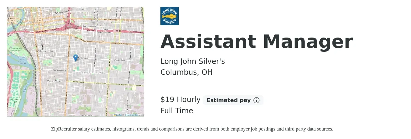 Long John Silver's job posting for a Assistant Manager in Columbus, OH with a salary of $20 Hourly with a map of Columbus location.