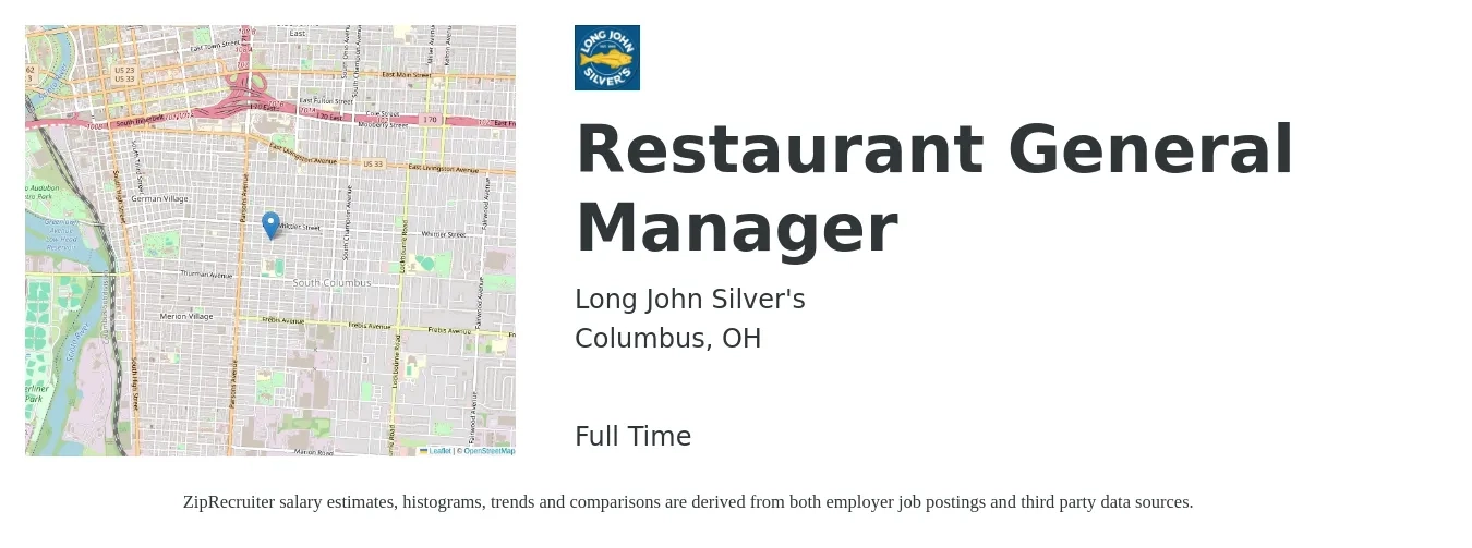 Long John Silver's job posting for a Restaurant General Manager in Columbus, OH with a salary of $52,200 to $72,000 Yearly with a map of Columbus location.