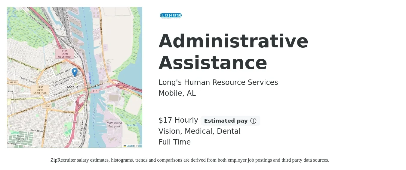 Long's Human Resource Services job posting for a Administrative Assistance in Mobile, AL with a salary of $18 Hourly and benefits including life_insurance, medical, pto, retirement, vision, and dental with a map of Mobile location.