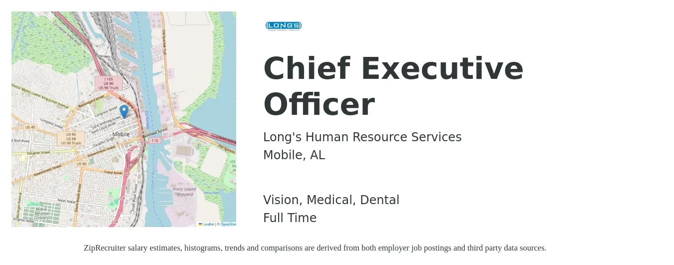 Long's Human Resource Services job posting for a Chief Executive Officer in Mobile, AL with a salary of $107,700 to $158,800 Yearly and benefits including dental, life_insurance, medical, pto, retirement, and vision with a map of Mobile location.