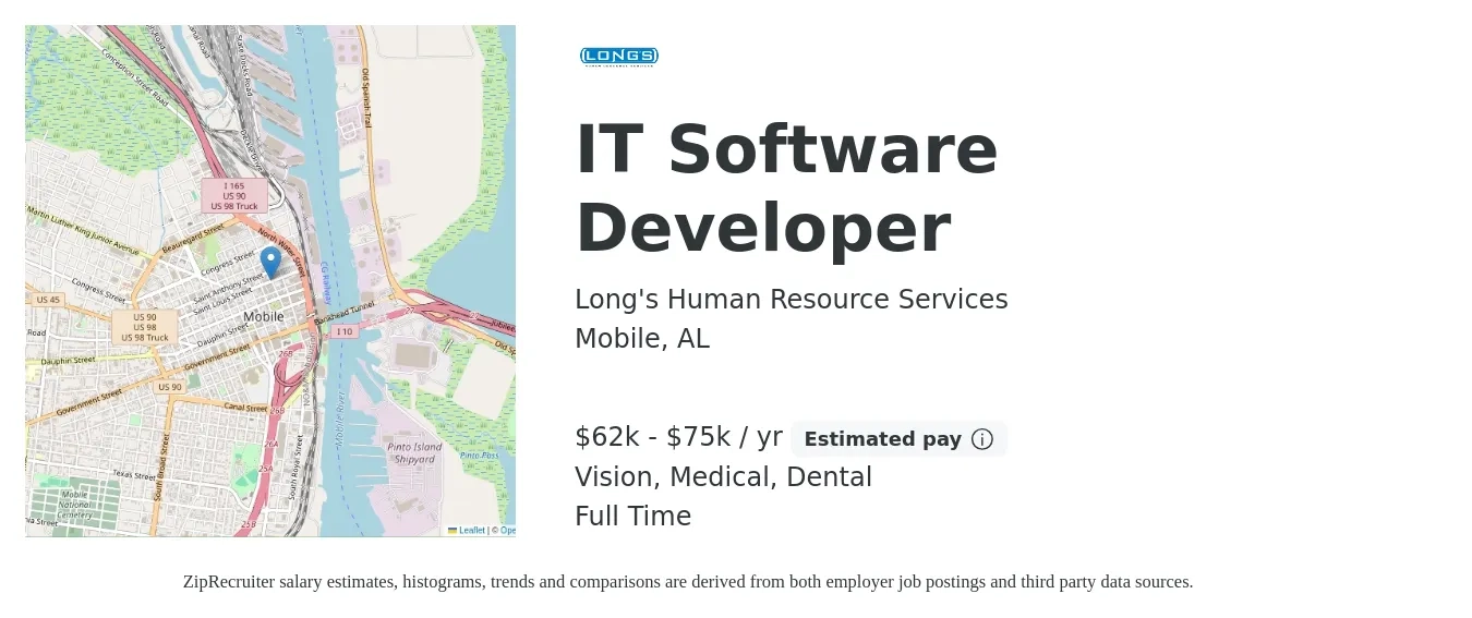 Long's Human Resource Services job posting for a IT Software Developer in Mobile, AL with a salary of $62,000 to $75,000 Yearly and benefits including dental, life_insurance, medical, pto, retirement, and vision with a map of Mobile location.