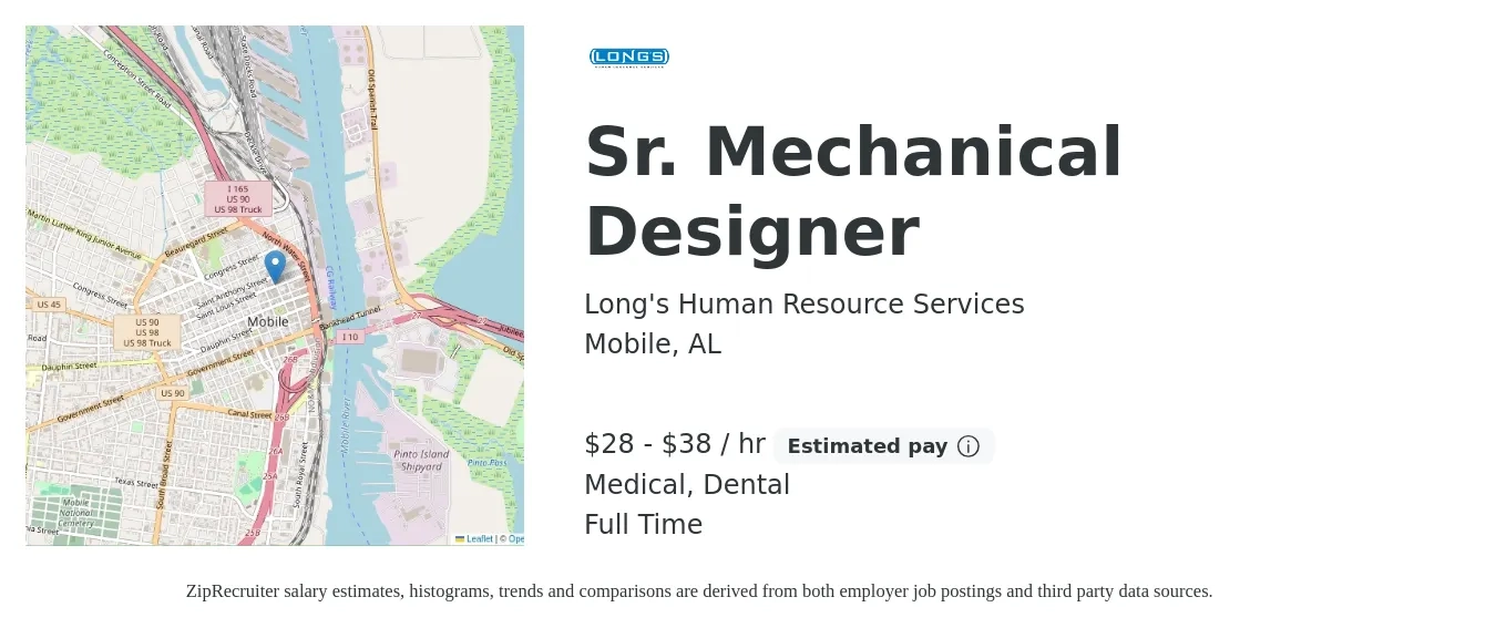 Long's Human Resource Services job posting for a Sr. Mechanical Designer in Mobile, AL with a salary of $30 to $40 Hourly and benefits including dental, life_insurance, medical, pto, and retirement with a map of Mobile location.