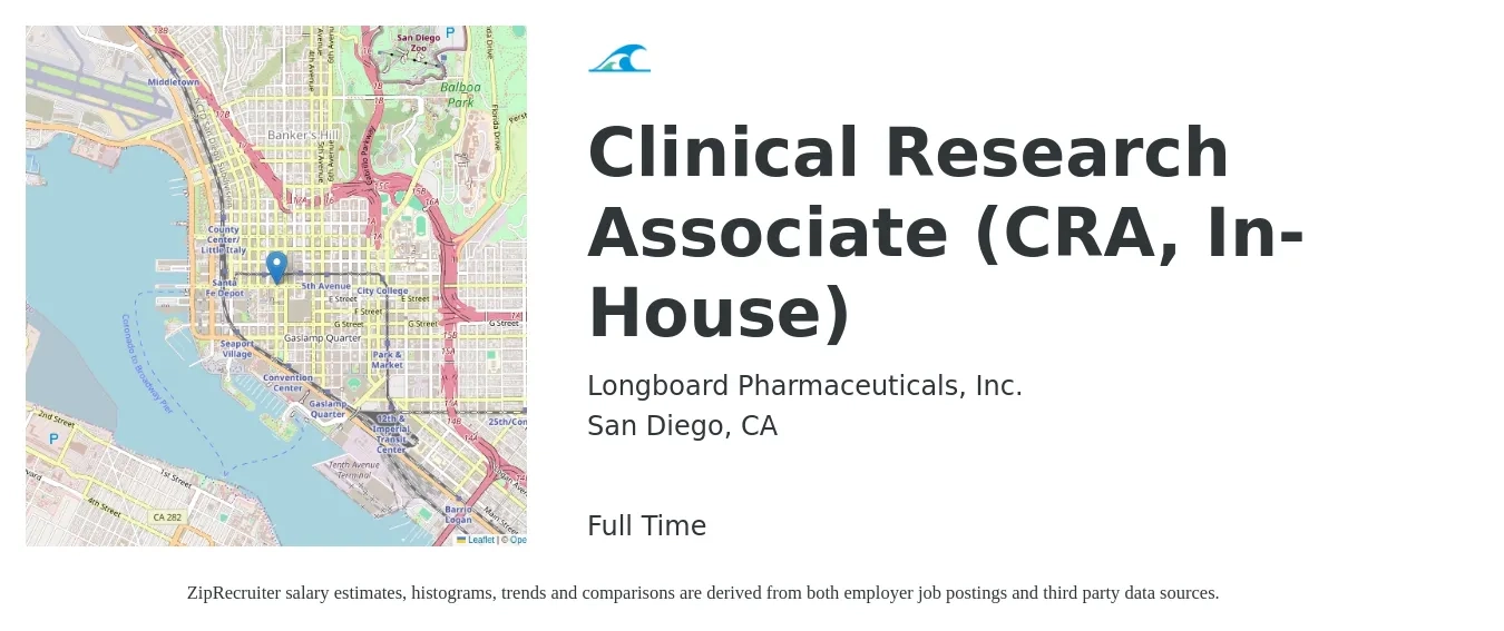 Longboard Pharmaceuticals, Inc. job posting for a Clinical Research Associate (CRA, In-House) in San Diego, CA with a salary of $32 to $58 Hourly with a map of San Diego location.