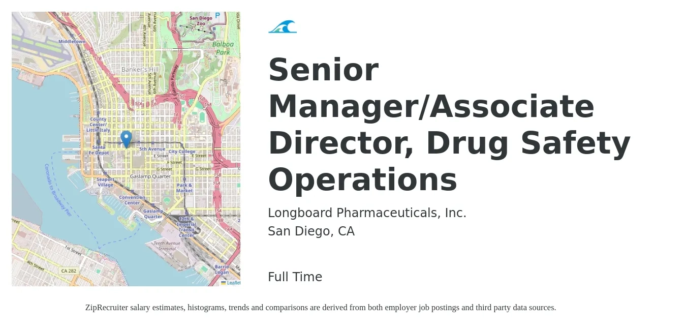 Longboard Pharmaceuticals, Inc. job posting for a Senior Manager/Associate Director, Drug Safety Operations in San Diego, CA with a salary of $150,000 to $180,000 Yearly with a map of San Diego location.