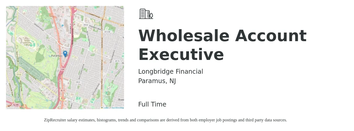 Longbridge Financial job posting for a Wholesale Account Executive in Paramus, NJ with a salary of $31,400 to $50,600 Yearly with a map of Paramus location.