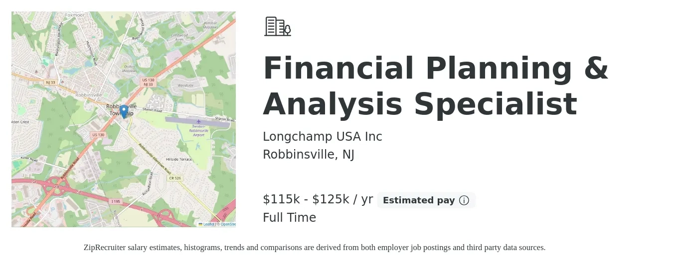 Longchamp USA Inc job posting for a Financial Planning & Analysis Specialist in Robbinsville, NJ with a salary of $115,000 to $125,000 Yearly with a map of Robbinsville location.