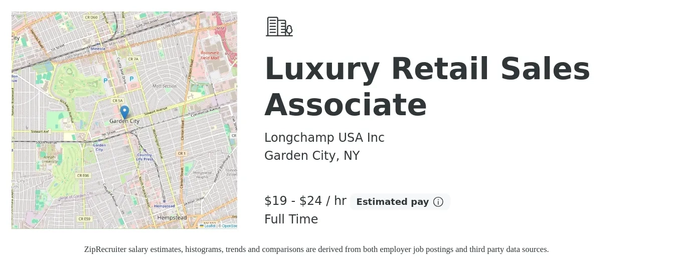 Longchamp USA Inc job posting for a Luxury Retail Sales Associate in Garden City, NY with a salary of $20 to $25 Hourly with a map of Garden City location.