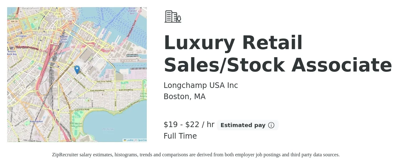 Longchamp USA Inc job posting for a Luxury Retail Sales/Stock Associate in Boston, MA with a salary of $20 to $24 Hourly with a map of Boston location.