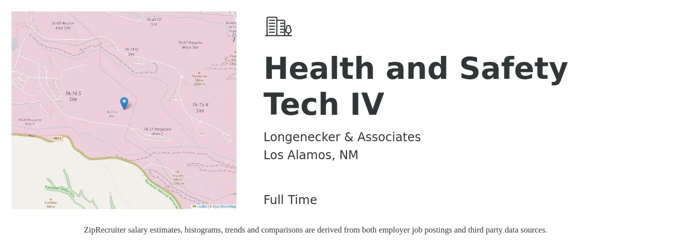 Longenecker & Associates job posting for a Health and Safety Tech IV in Los Alamos, NM with a salary of $18 to $27 Hourly with a map of Los Alamos location.