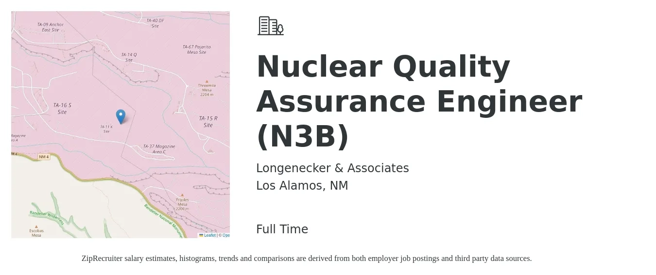 Longenecker & Associates job posting for a Nuclear Quality Assurance Engineer (N3B) in Los Alamos, NM with a salary of $46 to $61 Hourly with a map of Los Alamos location.